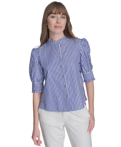 Tommy Hilfiger Women's Cotton Striped Puff-sleeve Blouse In Seaport Blue,bright White