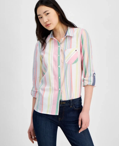 Tommy Hilfiger Women's Cotton Striped Roll-tab Shirt In Dark Pink