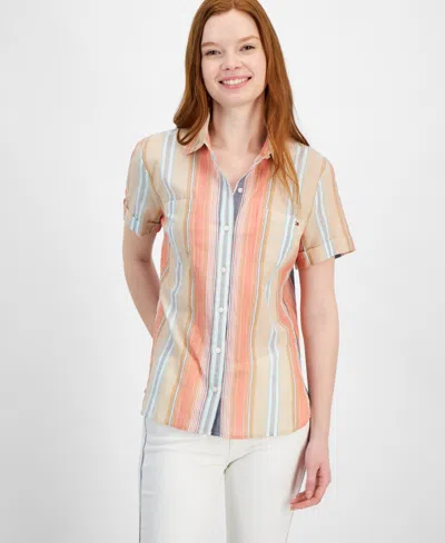 Tommy Hilfiger Women's Cotton Striped Short-sleeve Shirt In Orange Com