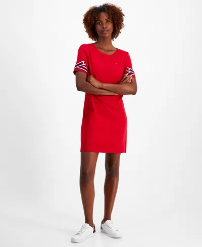Tommy Hilfiger Women's Cotton Striped Tape-trim T-shirt Dress In Chili  Pepper | ModeSens