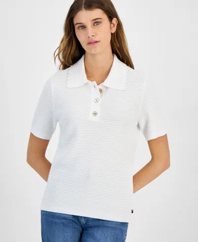 Tommy Hilfiger Women's Cotton Textured Polo Top In Brt White