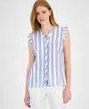 Tommy Hilfiger Women's Cotton Textured-stripe Ruffled Shirt In Bright White,blue