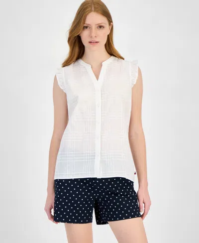 Tommy Hilfiger Women's Cotton Tonal-plaid Ruffled-sleeve Shirt In Bright White
