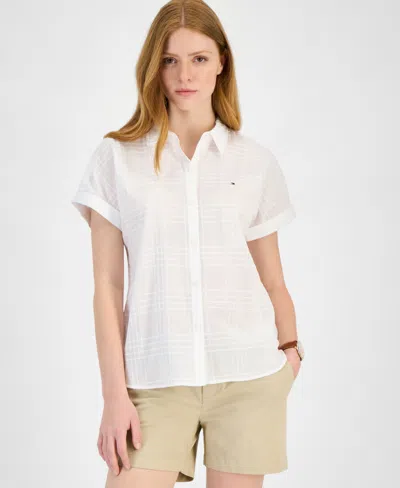 Tommy Hilfiger Women's Cotton Tonal-plaid Short-sleeve Shirt In Bright White