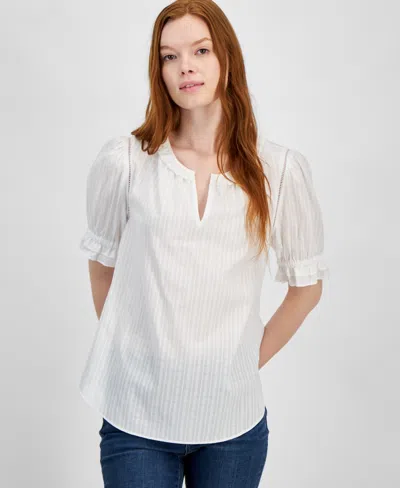 Tommy Hilfiger Women's Cotton Tonal-stripe Puff-sleeve Blouse In Brt White