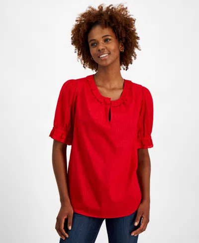 Tommy Hilfiger Women's Cotton Tonal-stripe Puff-sleeve Blouse In Scarlet
