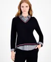 Tommy Hilfiger Women's Cotton Twofer V-neck Long-sleeve Sweater In Black