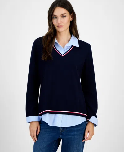 Tommy Hilfiger Women's Cotton Twofer V-neck Long-sleeve Sweater In Multi