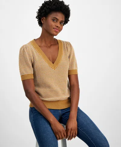 Tommy Hilfiger Women's Cotton V-neck Short-sleeve Sweater In Brown