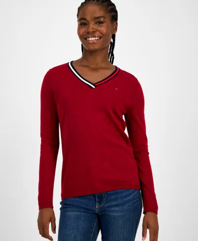 Tommy Hilfiger Women's Cotton V-neck Sweater In Black