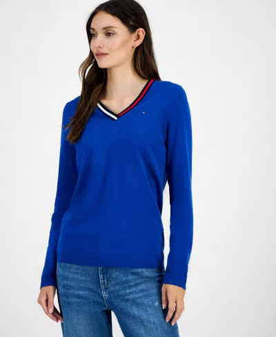 Tommy Hilfiger Women's Cotton V-neck Sweater In Blue