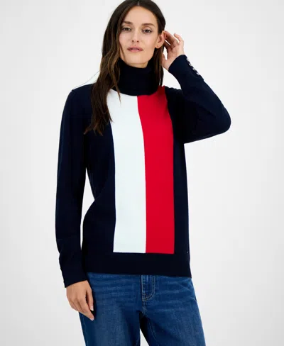 Tommy Hilfiger Women's Cotton Vertical Stripe Turtleneck Sweater In Black