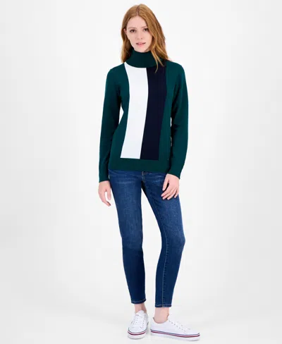Tommy Hilfiger Women's Cotton Vertical Stripe Turtleneck Sweater In Green