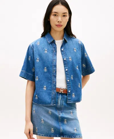 Tommy Hilfiger Relaxed Fit Allover Crest Denim Shirt In Multi
