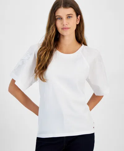 Tommy Hilfiger Women's Crewneck Embroidered-sleeve Top In Brt White