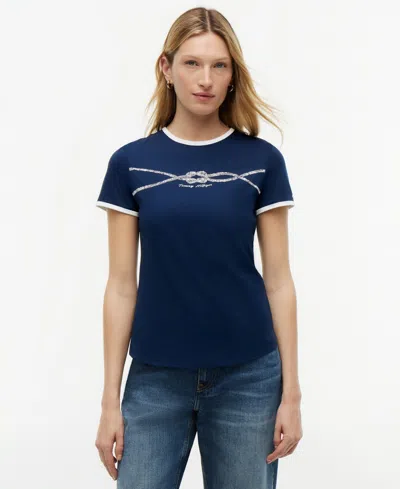 Tommy Hilfiger Women's Crewneck Ringer Trim Cotton T-shirt In Blue