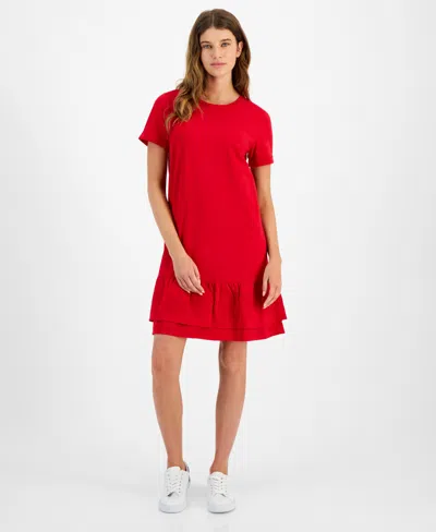 Tommy Hilfiger Women's Crewneck Short-sleeve Embroidered Dress In Scarlet