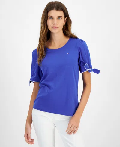 Tommy Hilfiger Women's Crewneck Short-sleeve Tie-cuff Top In Provence