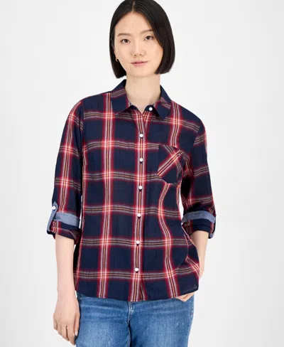 Tommy Hilfiger Women's Crinkled Plaid Button-front Shirt In Blue