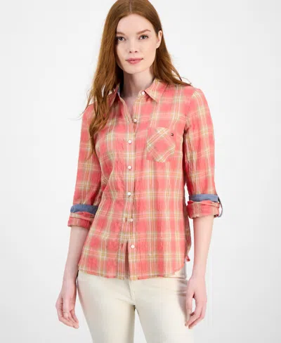 Tommy Hilfiger Women's Crinkled Plaid Roll-tab Shirt In Multi