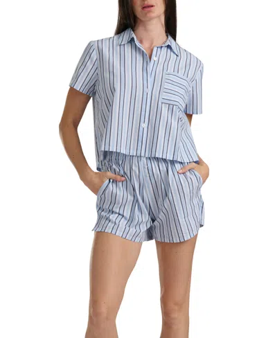 Tommy Hilfiger Women's Cropped Button Down Shirt And Boxer Shorts, 2-piece Set In Blue