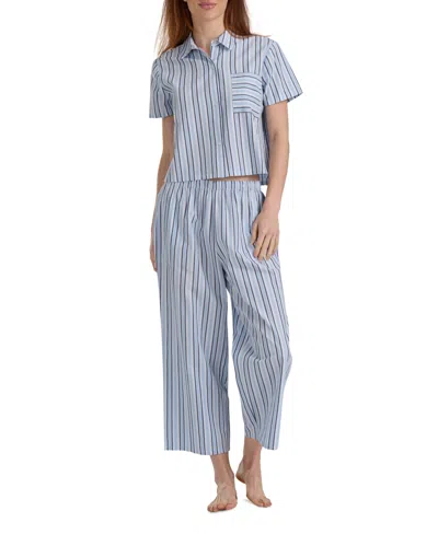 Tommy Hilfiger Women's Cropped Button Down Shirt And Pajamas, 2-piece Set In Blue