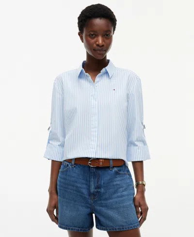 Tommy Hilfiger Women's Cropped Collared Roll-tab Cotton Shirt In Blue