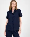 Tommy Hilfiger Women's Cuffed Short-sleeve Camp Shirt In Blue