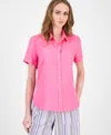 Tommy Hilfiger Women's Cuffed Short-sleeve Camp Shirt In Pink