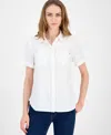 Tommy Hilfiger Women's Cuffed Short-sleeve Camp Shirt In White