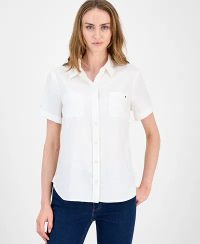 Tommy Hilfiger Women's Cuffed Short-sleeve Camp Shirt In White