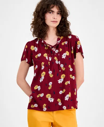 Tommy Hilfiger Women's Daisy Lace-up Ruffled Blouse In Burgundy