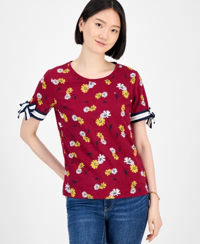 Tommy Hilfiger Women's Daisy-print Tie-sleeve Top In Multi
