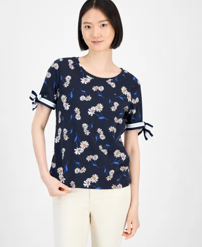 Tommy Hilfiger Women's Daisy-print Tie-sleeve Top In Multi