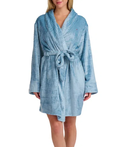 Tommy Hilfiger Women's Debossed Long Sleeves Plush Short Robe In Blue