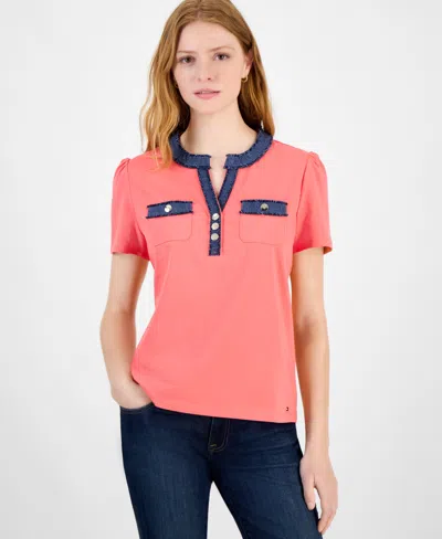Tommy Hilfiger Women's Denim-trim Split-neck Knit Top In Sherbet