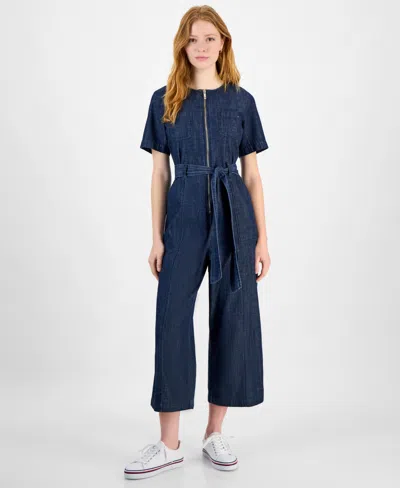Tommy Hilfiger Women's Denim Zip-front Belted Jumpsuit In Dark Benson