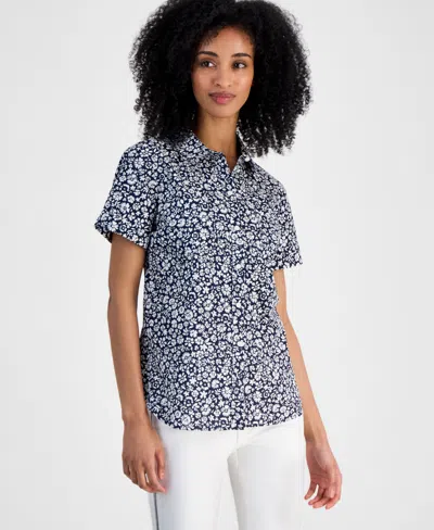 Tommy Hilfiger Women's Ditsy-print Cotton Camp Shirt In Sky Captain,bright White