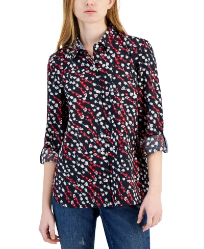 Tommy Hilfiger Women's Ditsy Roll-tab Shirt In Navy