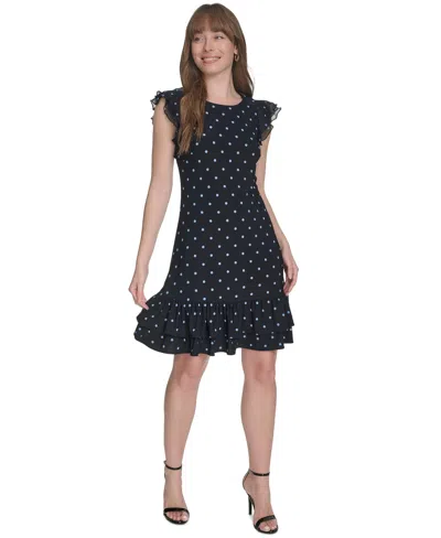 Tommy Hilfiger Women's Dot-print Flutter-sleeve Ruffled-hem Chiffon Dress In Sky Captain,french Blue