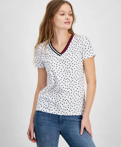 Tommy Hilfiger Women's Dot-print Signature V-neck Top In Brtwht,sky