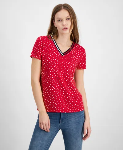 Tommy Hilfiger Women's Dot-print Signature V-neck Top In Scarlt Mul