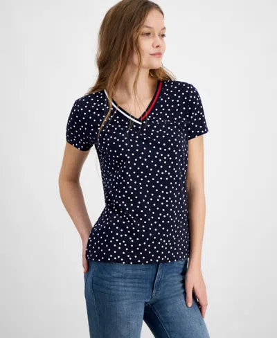 Tommy Hilfiger Women's Dot-print Signature V-neck Top In Sky Captain