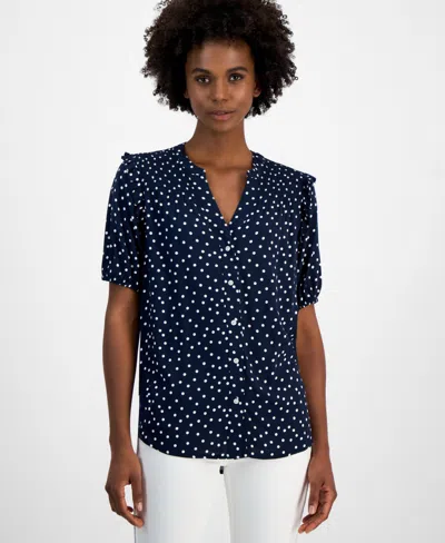 Tommy Hilfiger Women's Dot-print Smocked-yoke Shirt In Sky Captain,bright White