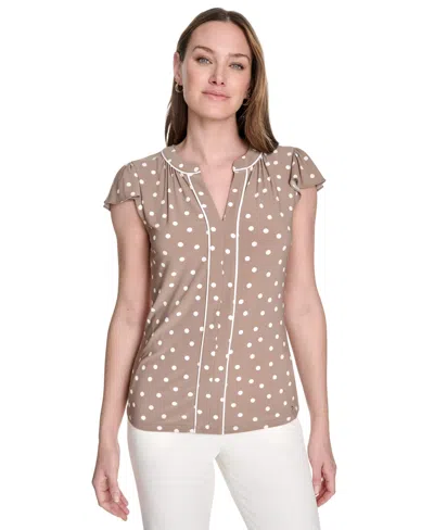 Tommy Hilfiger Women's Dot-print Split-neck Flutter-sleeve Top In Neutral