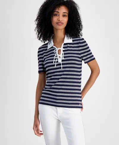Tommy Hilfiger Women's Dot-stripe Polo Shirt In Sky Captain,ivory