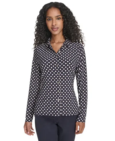 Tommy Hilfiger Women's Double Dot Knit Button-up Top In Black