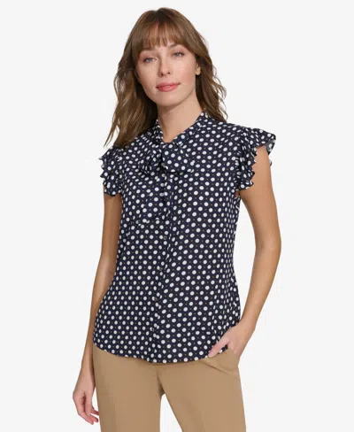 Tommy Hilfiger Women's Double Dot Ruffle Sleeve Bow Blouse In Blue