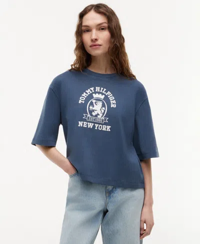 Tommy Hilfiger Women's Dye Crest Boxy Crewneck T-shirt In Blue