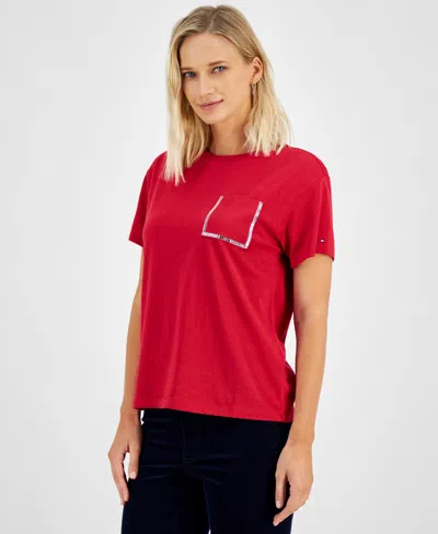 Tommy Hilfiger Women's Embellished Pocket Crewneck T-shirt In Chili Pepper